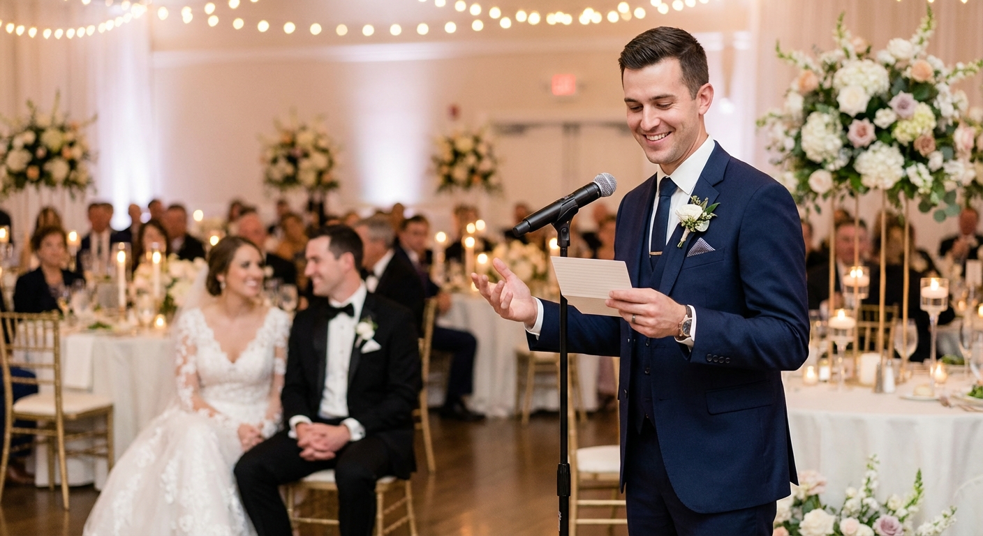A stylish best man, mid-speech, holding cue cards with a confident, warm smile, with the wedding couple (bride and groom) in the background, subtly blurred, looking on with affection. The setting is a beautifully decorated wedding reception with soft lighting and elegant floral arrangements. The best man is wearing a sharp suit, and the overall mood is joyful and celebratory.