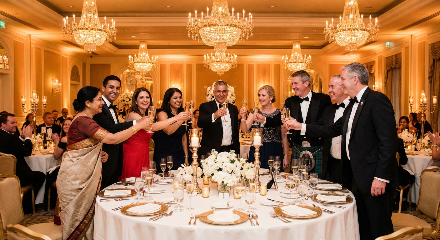 Wedding guests raising glasses in a toast at a formal reception