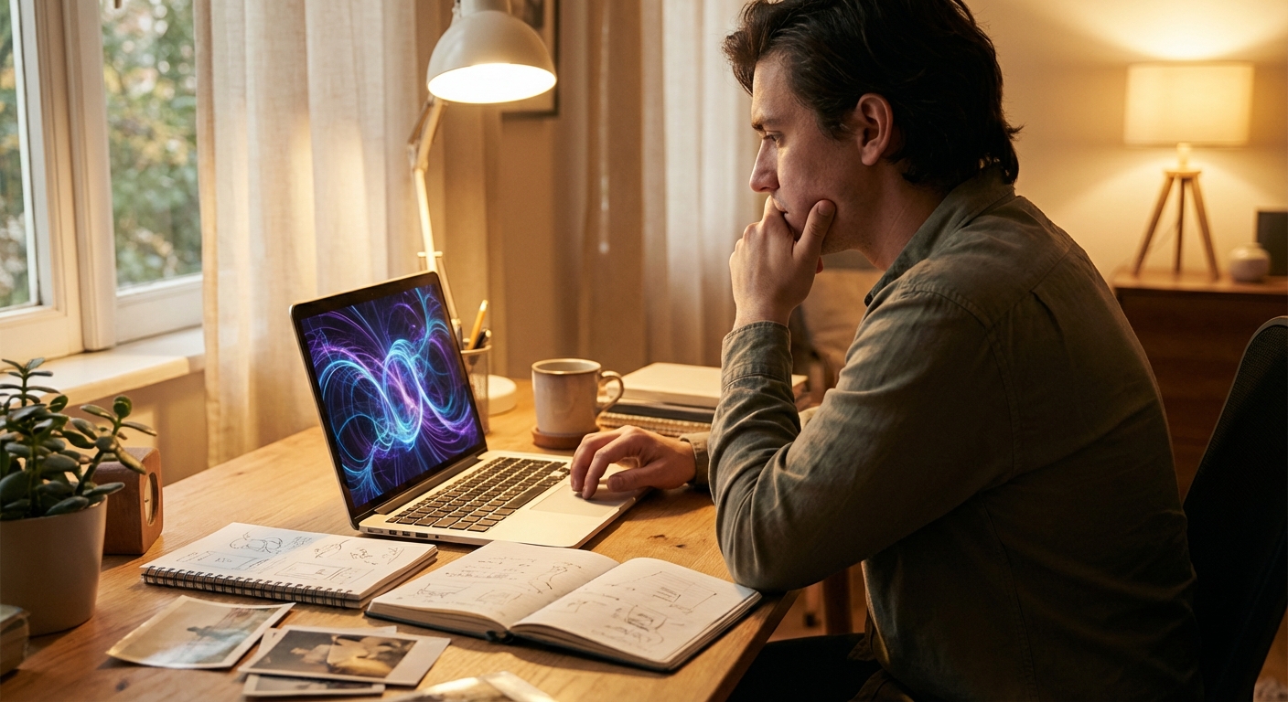 A person looking thoughtfully at a laptop screen, with AI-generated text appearing as glowing lines on the screen, surrounded by scattered notes and personal photos, symbolizing the blend of technology and personal memories in crafting wedding vows. The setting is warm and inviting, perhaps a cozy home office.