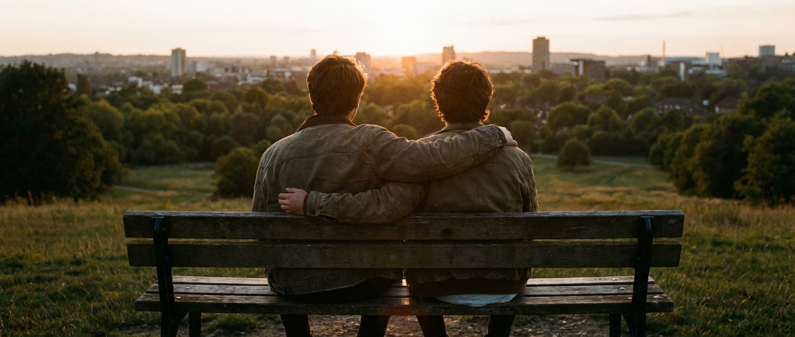 Two friends sitting on a bench watching the sunset