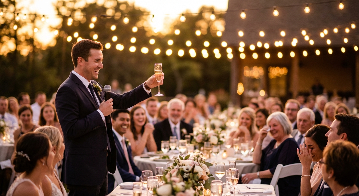 Best man raising a glass for wedding toast