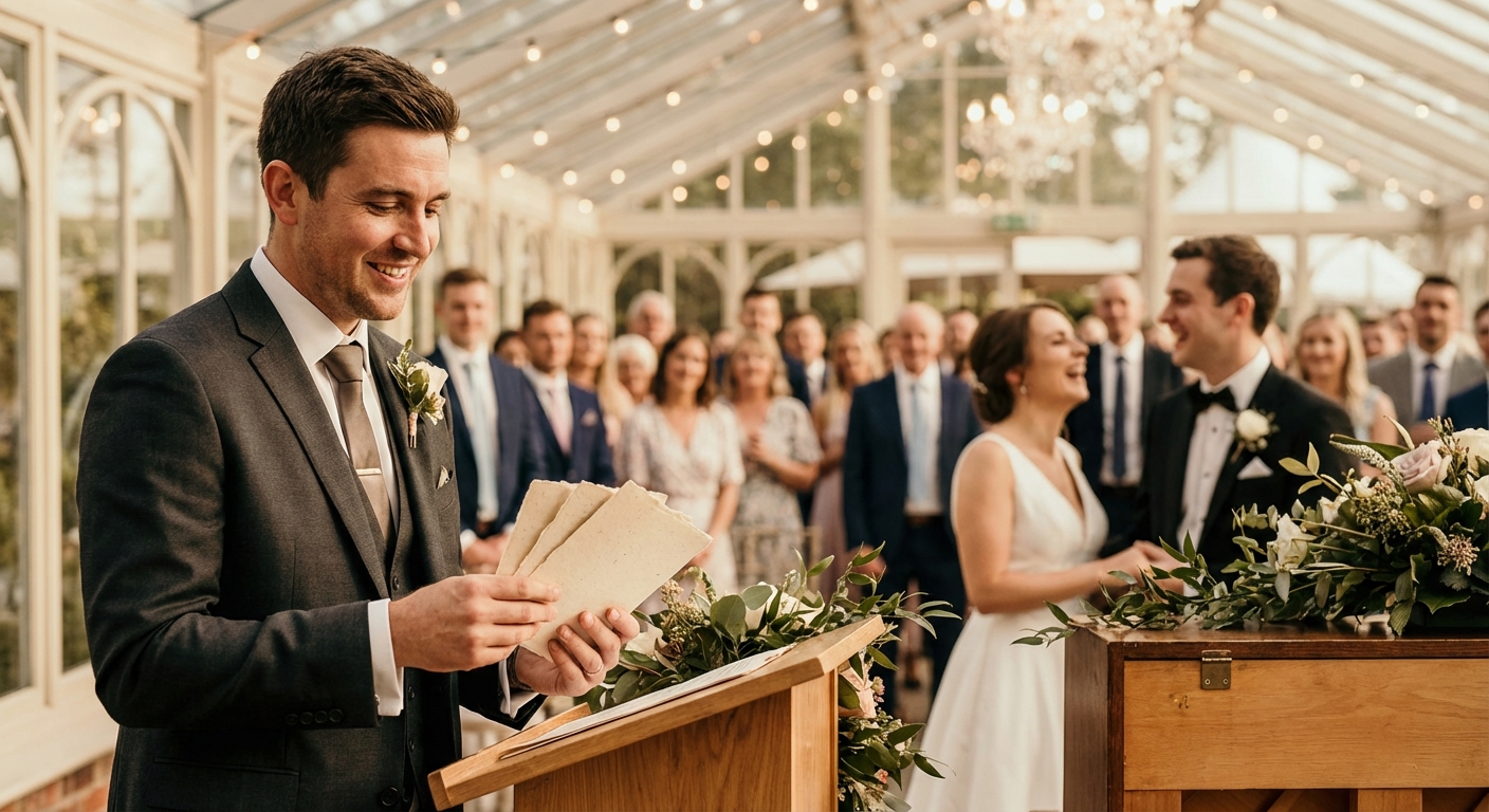 A sophisticated best man standing at a podium in a sunlit wedding venue, holding elegant cue cards. He has a warm, confident expression.
