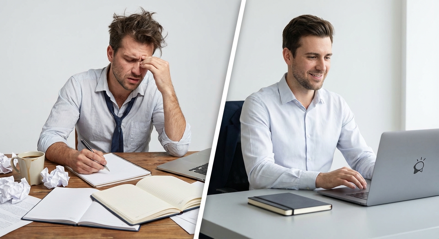 A split image showing a best man looking stressed writing a speech versus relaxed and confident using ToastPal.