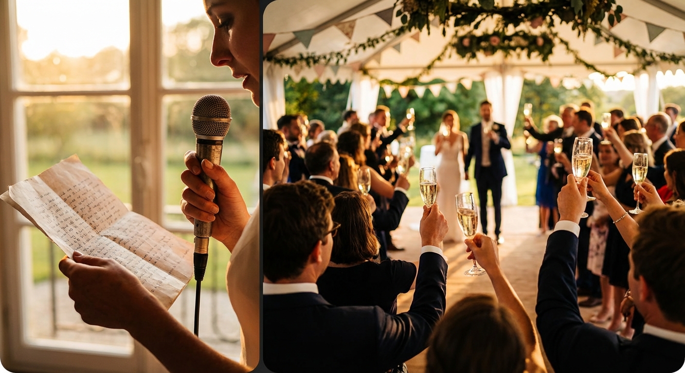 A split-screen image showing a person delivering a heartfelt speech and a crowd raising glasses in a toast.