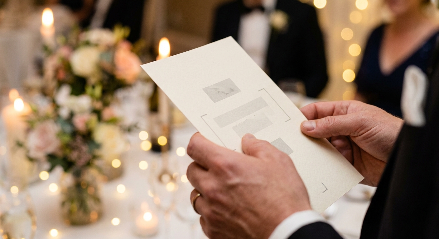 Hands holding a fill-in-the-blank wedding speech template