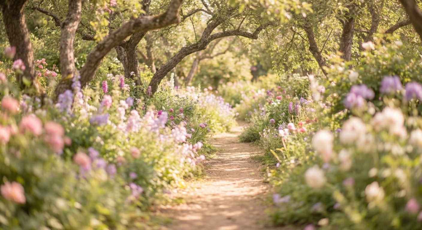 A symbolic image of a path through a peaceful, blooming garden, representing the journey of a mother's life.