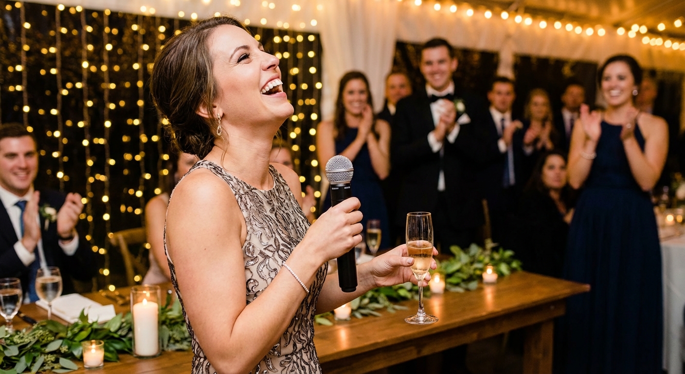 Wedding guest laughing while giving a toast