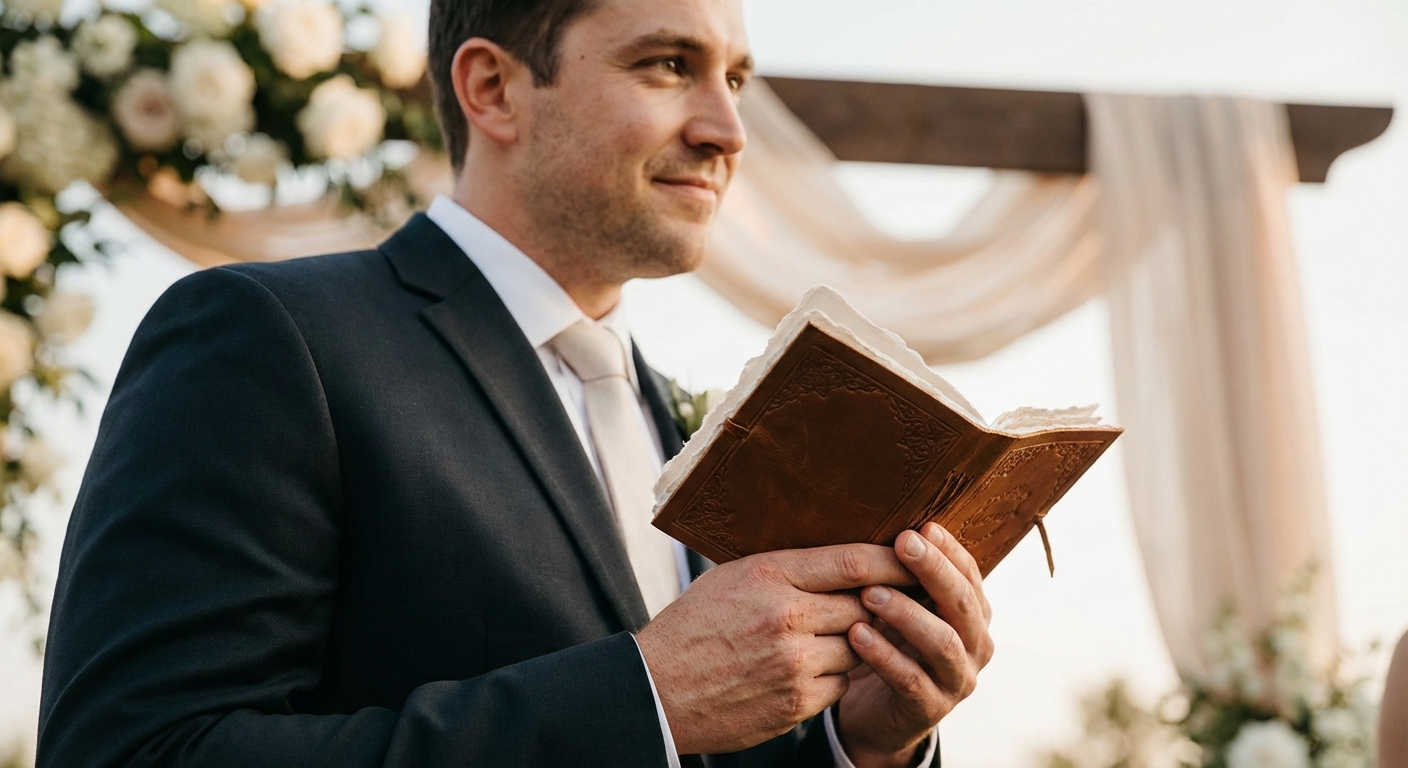 Groom holding a wedding vow booklet