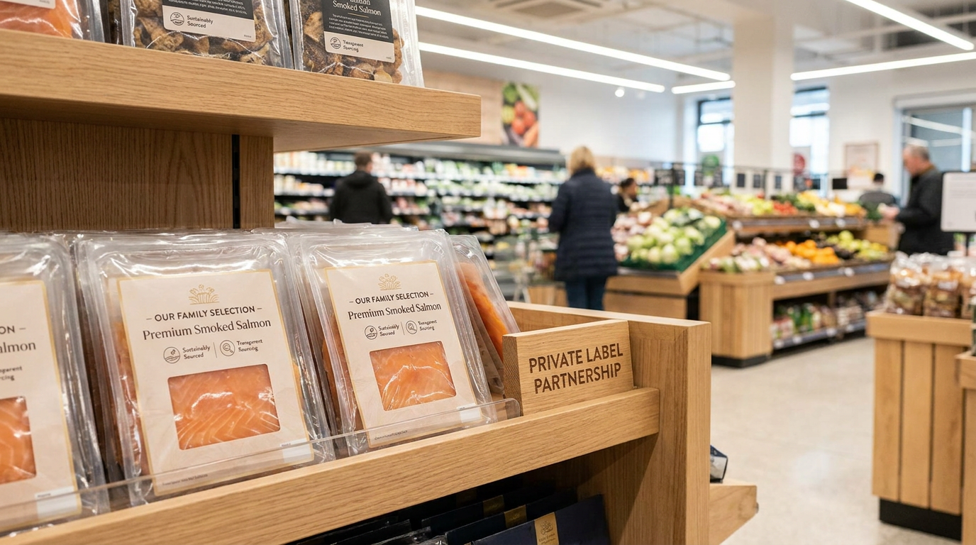 Retailer private label strategy in food retail with premium smoked salmon and sustainability theme