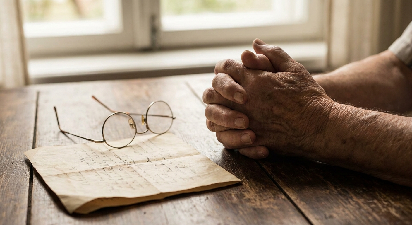 Elderly man's hands with glasses and letter