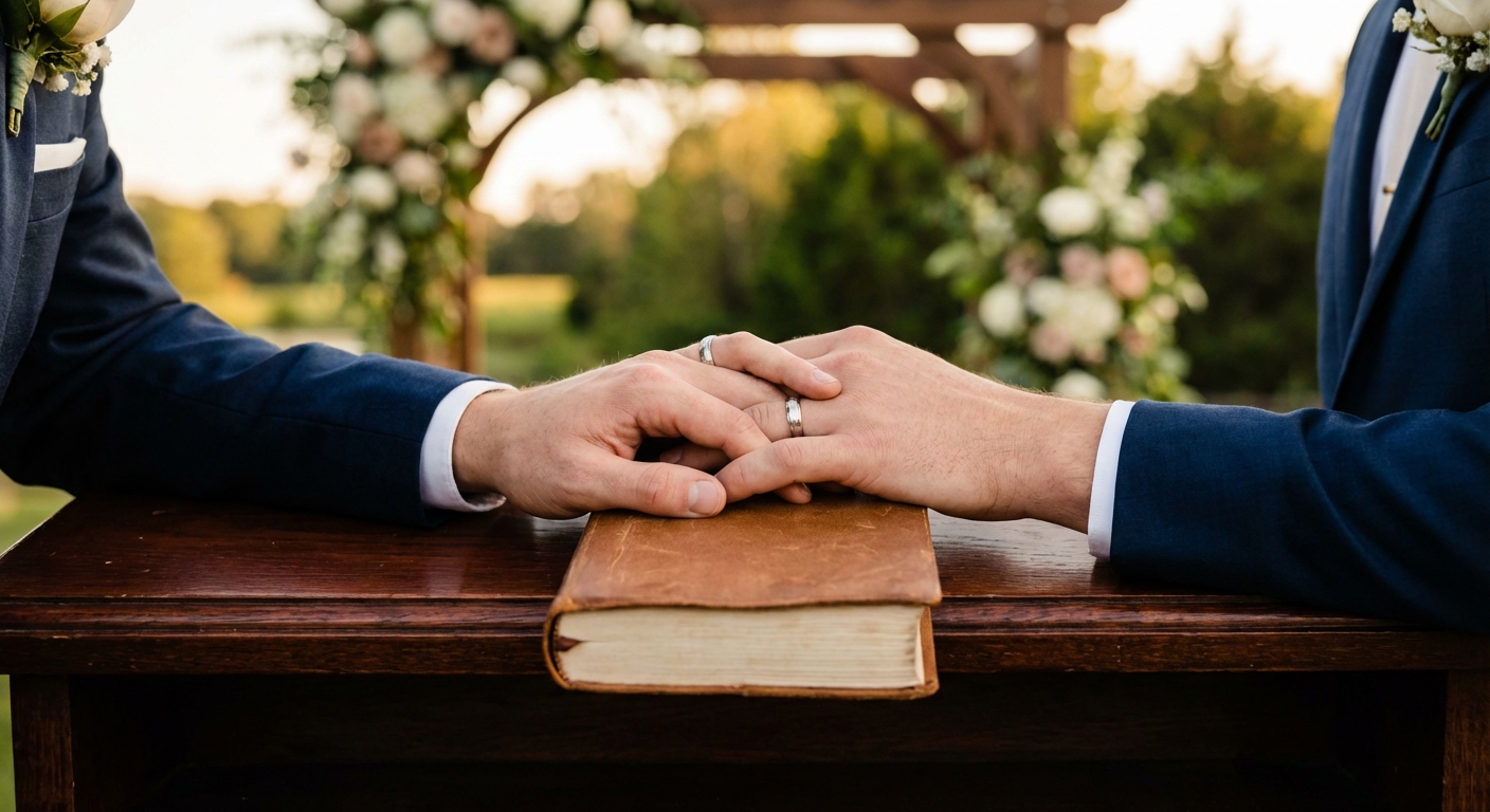Couple holding vow books at the altar
