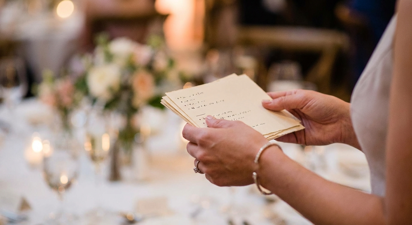 A close-up of a Maid of Honor's hands holding small, elegant cue cards with bullet points.