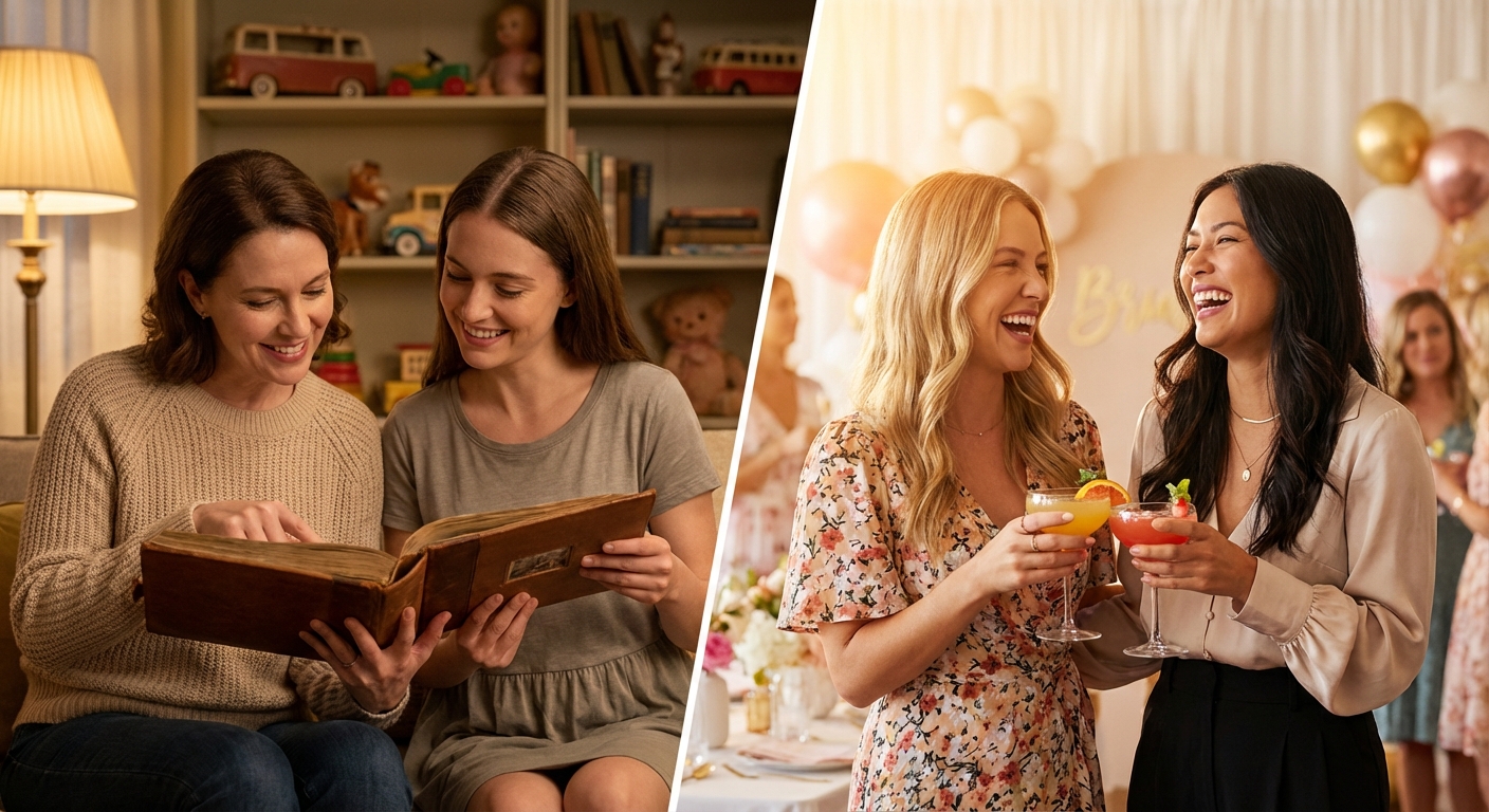 A split-screen visual showing two distinct Maid of Honor vibes: on the left, a sister and bride looking through a vintage photo album; on the right, a best friend and bride laughing over a modern cocktail.