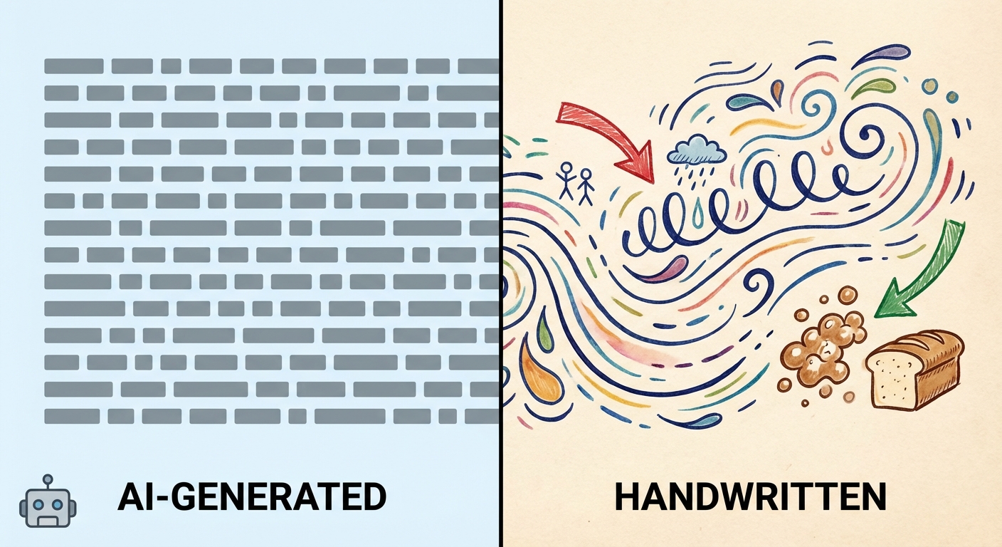 A split screen showing generic AI text on the left and vibrant, personalized human-edited text on the right.