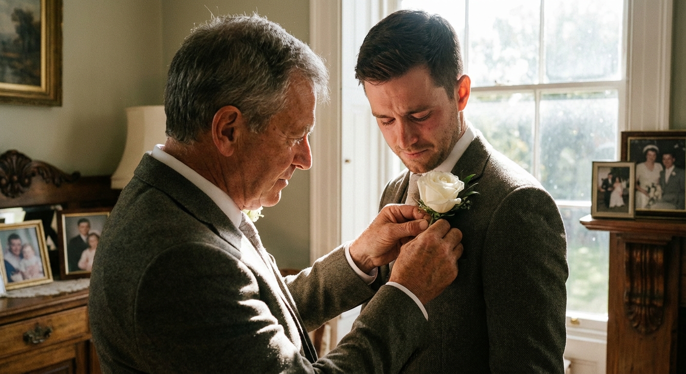 Father adjusting groom's tie before the wedding