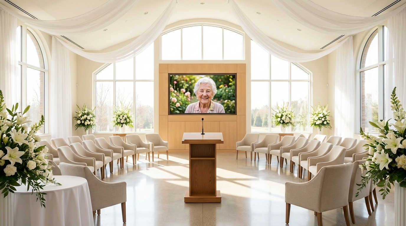 A light-filled memorial hall with a podium and a portrait of a loved one.