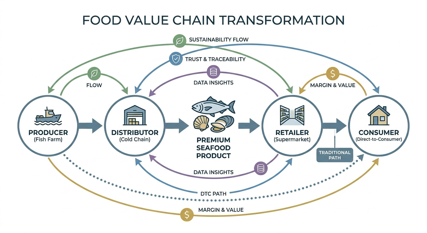 Food value chain transformation showing producers distributors retailers and direct-to-consumer routes