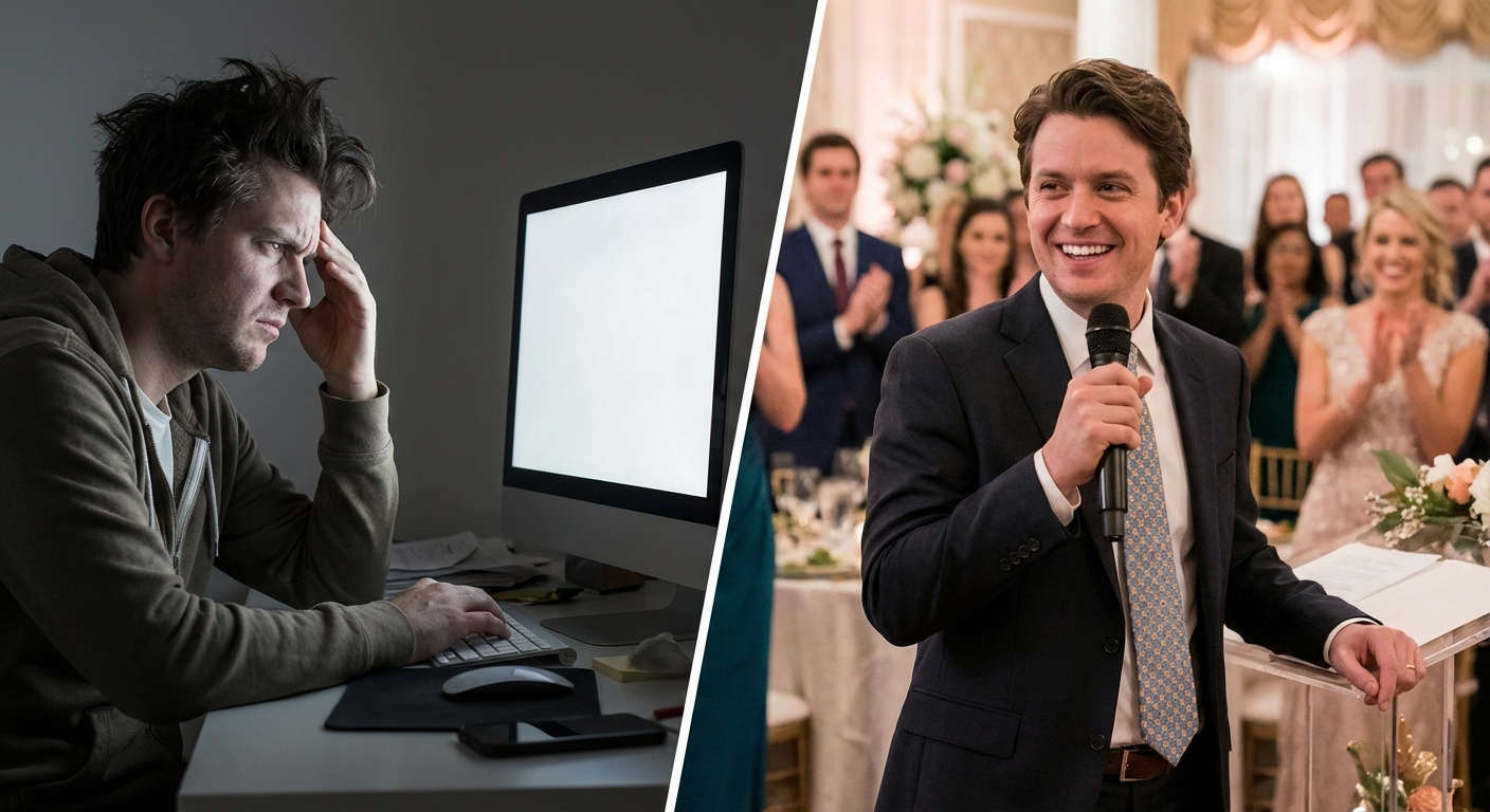 Stressed person at computer vs confident person giving a wedding speech