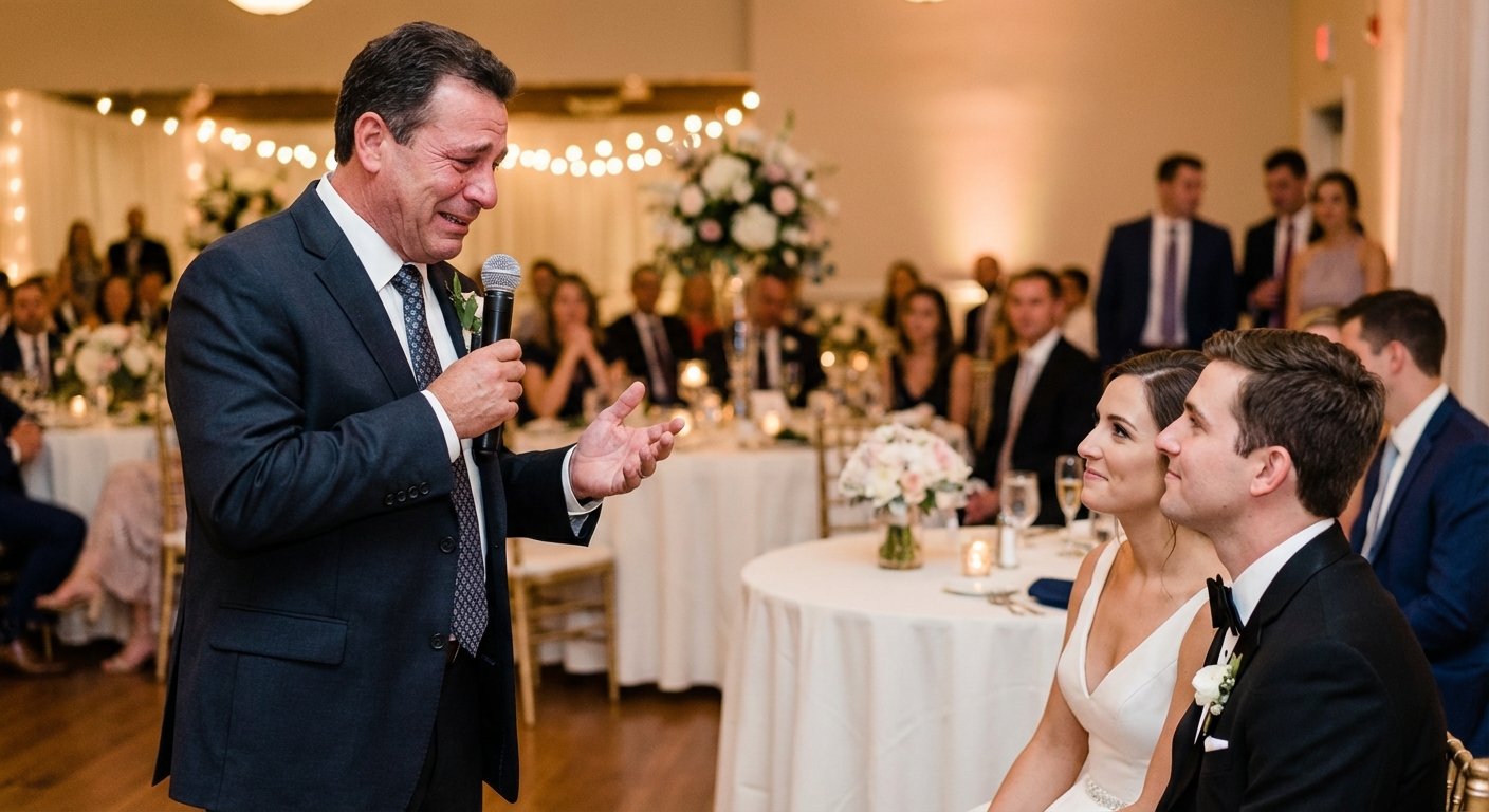 Father of the groom delivering a wedding speech at the reception, smiling with microphone in hand