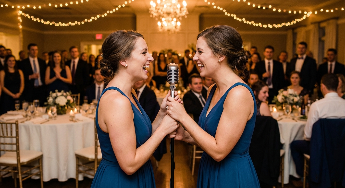 Two bridesmaids delivering a joint speech at a wedding