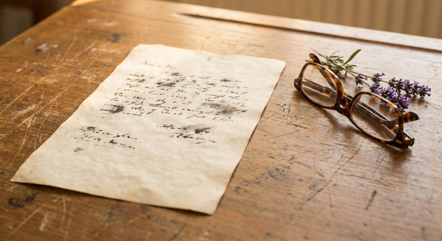 A close-up of a handwritten eulogy draft on a wooden desk with warm lighting.