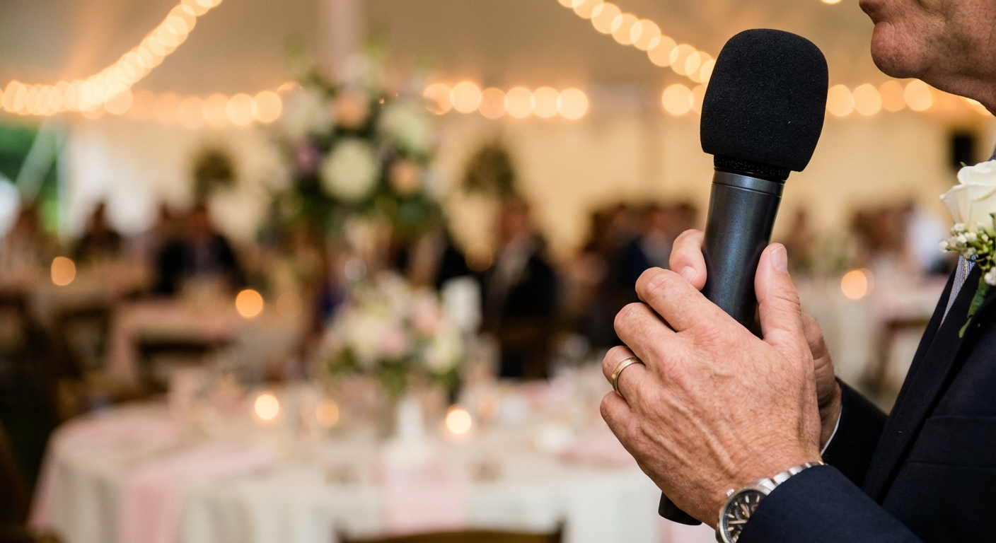 Close-up of a father's hands holding a microphone correctly during a wedding speech.