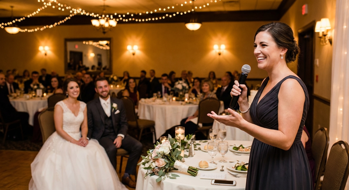 A confident Maid of Honor delivering a heartfelt speech at a wedding reception, with the bride and groom smiling in the background.