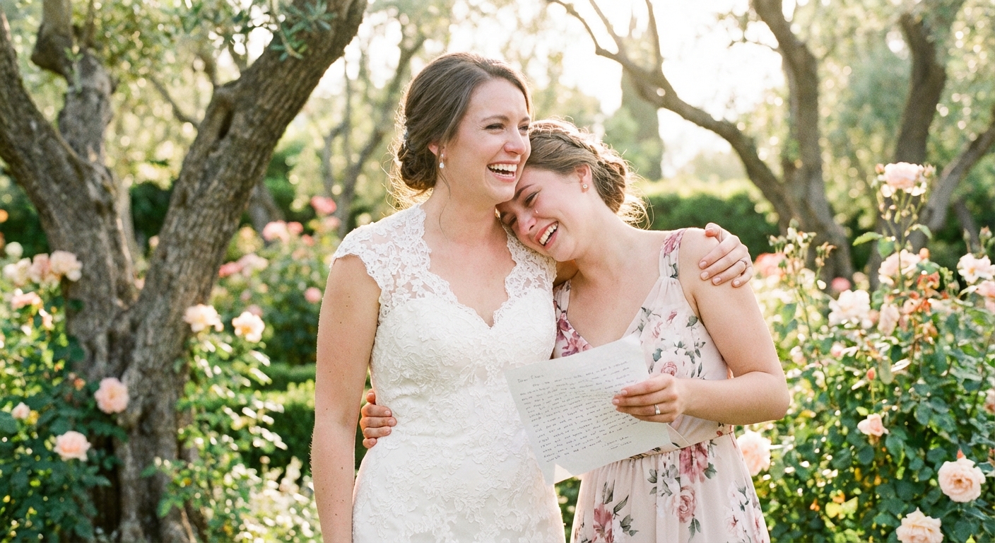 Two sisters sharing a laugh before a wedding speech