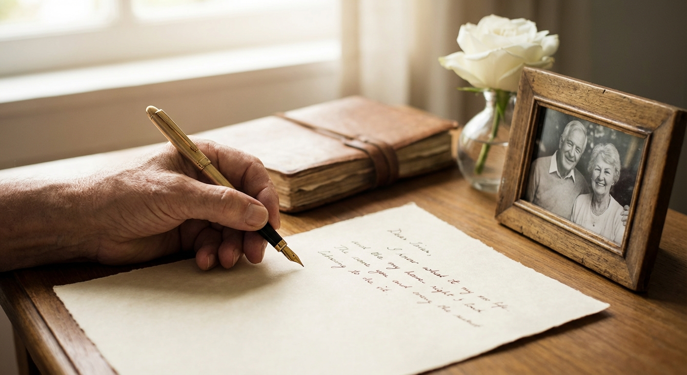 A close-up photograph of a person's hand holding a fountain pen over cream-colored stationery, with a vintage photo and white rose in the background, conveying quiet reflection.