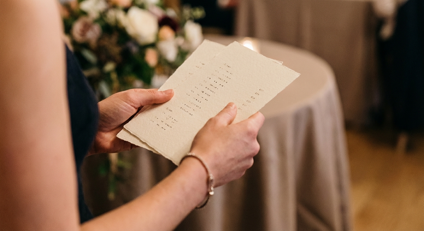 A close-up of a maid of honor's hands holding elegant, minimalist note cards with bullet points, not paragraphs, during a speech. The background is slightly blurred, focusing on the importance of prepared notes for confident delivery.