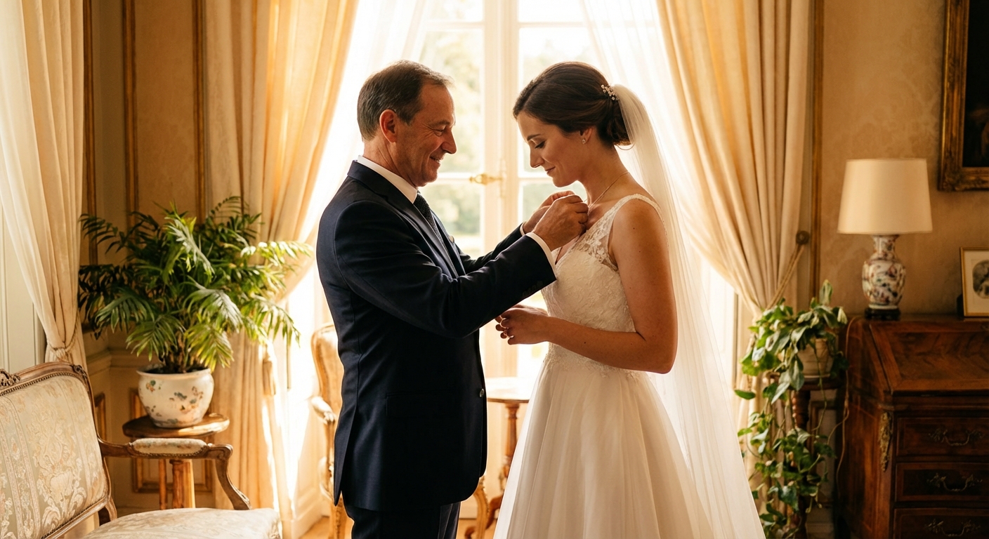 Step-father helping bride with wedding preparations