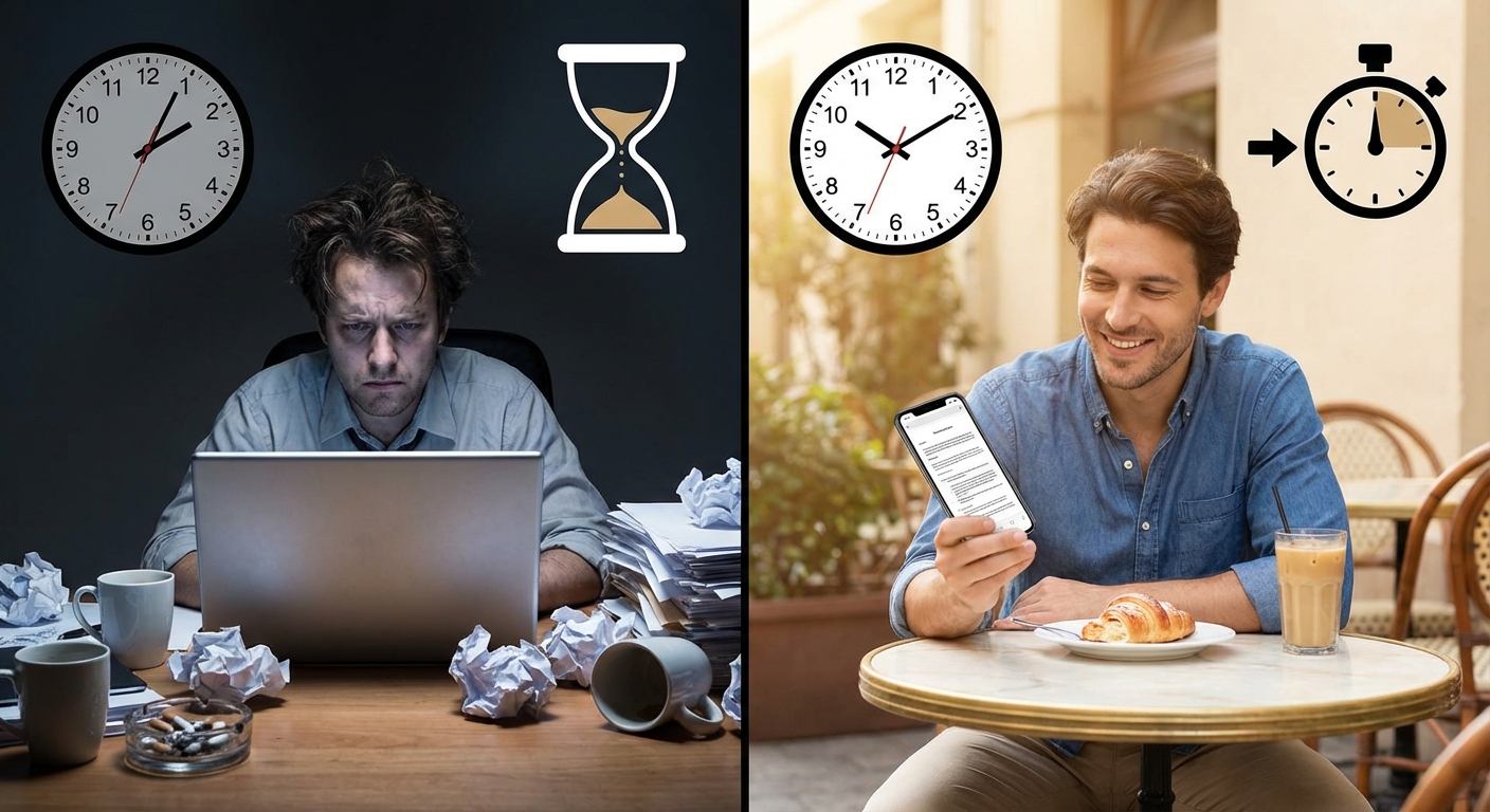 A split-screen visual showing a stressed person at 2 AM vs a relaxed person at a cafe with a finished speech.