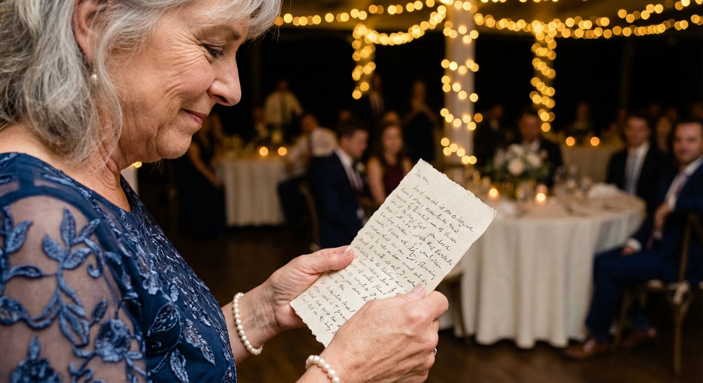 A close-up of a mother of the bride holding a handwritten speech on elegant cardstock, her expression one of quiet pride and focus.