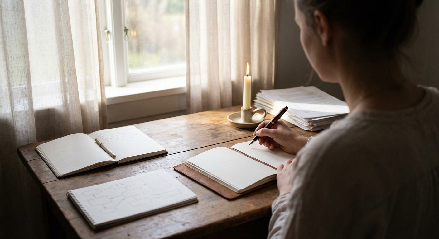 A serene and respectful scene of a person sitting at a wooden desk with a single candle lit, writing a tribute.