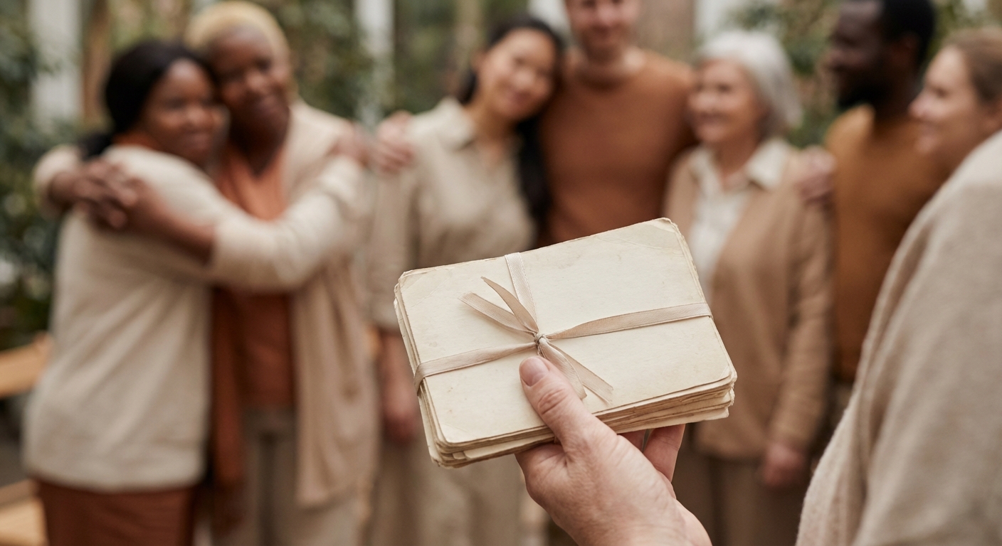 An image depicting a hand holding a set of neatly organized note cards with key points for a speech, against a softly blurred background of a supportive, diverse group of people at a memorial service. The focus is on preparedness and emotional support, with a gentle, reassuring color palette.