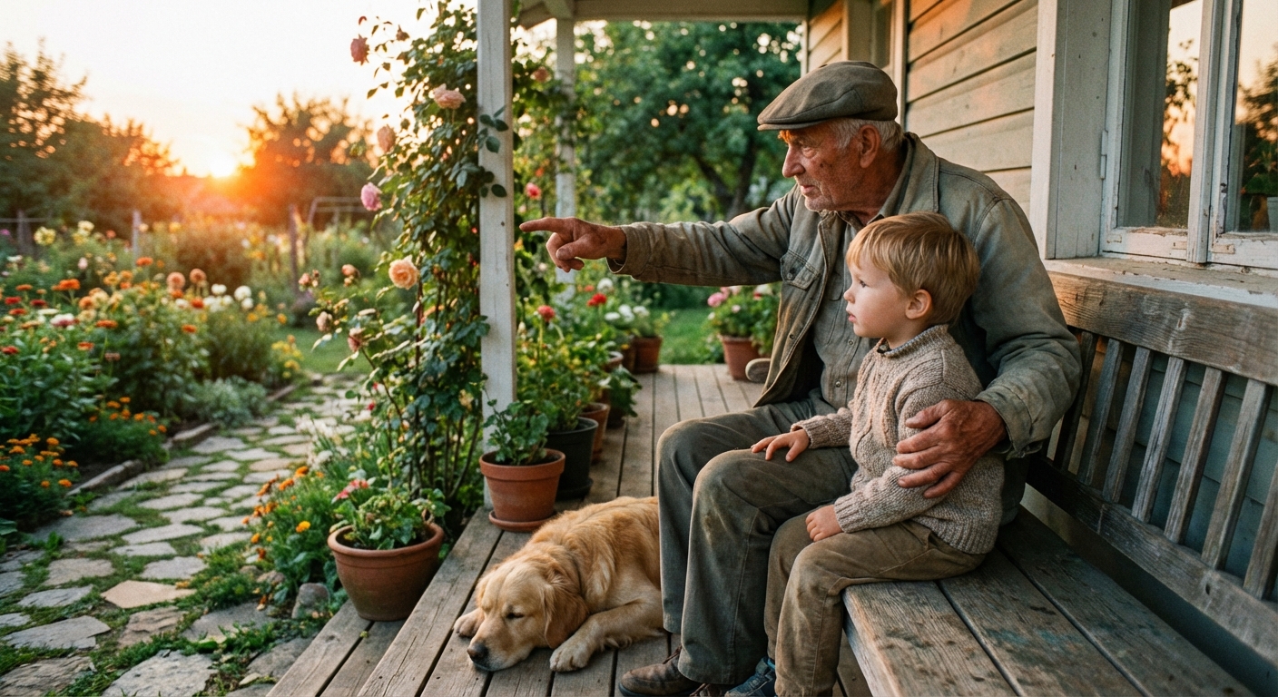 Grandfather and grandchild on a porch bench