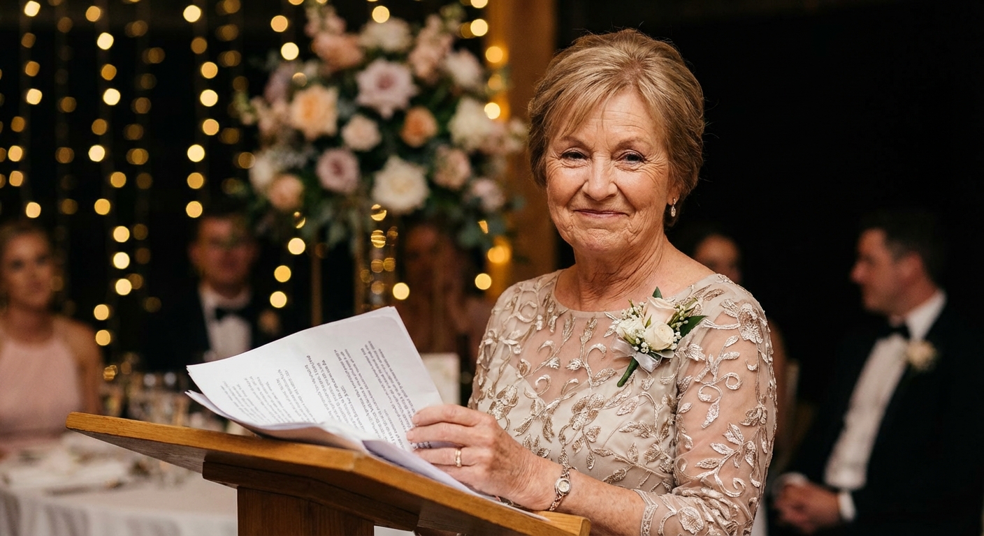 Mother of the groom delivering a heartfelt speech at a wedding reception