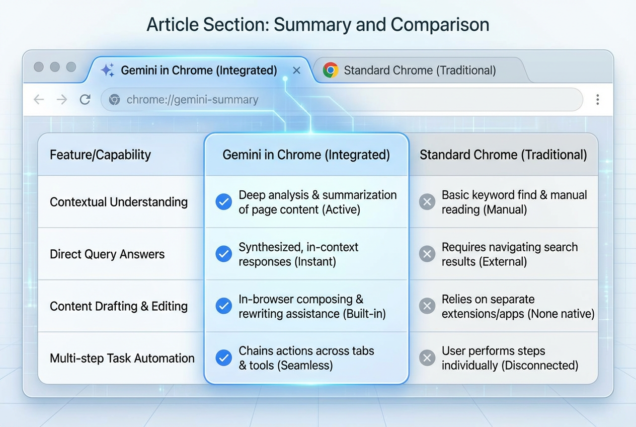 אינפוגרפיקה לסעיף 'סיכום והשוואה' עם דוגמא של 2 טאבים והשוואה בטבלה.