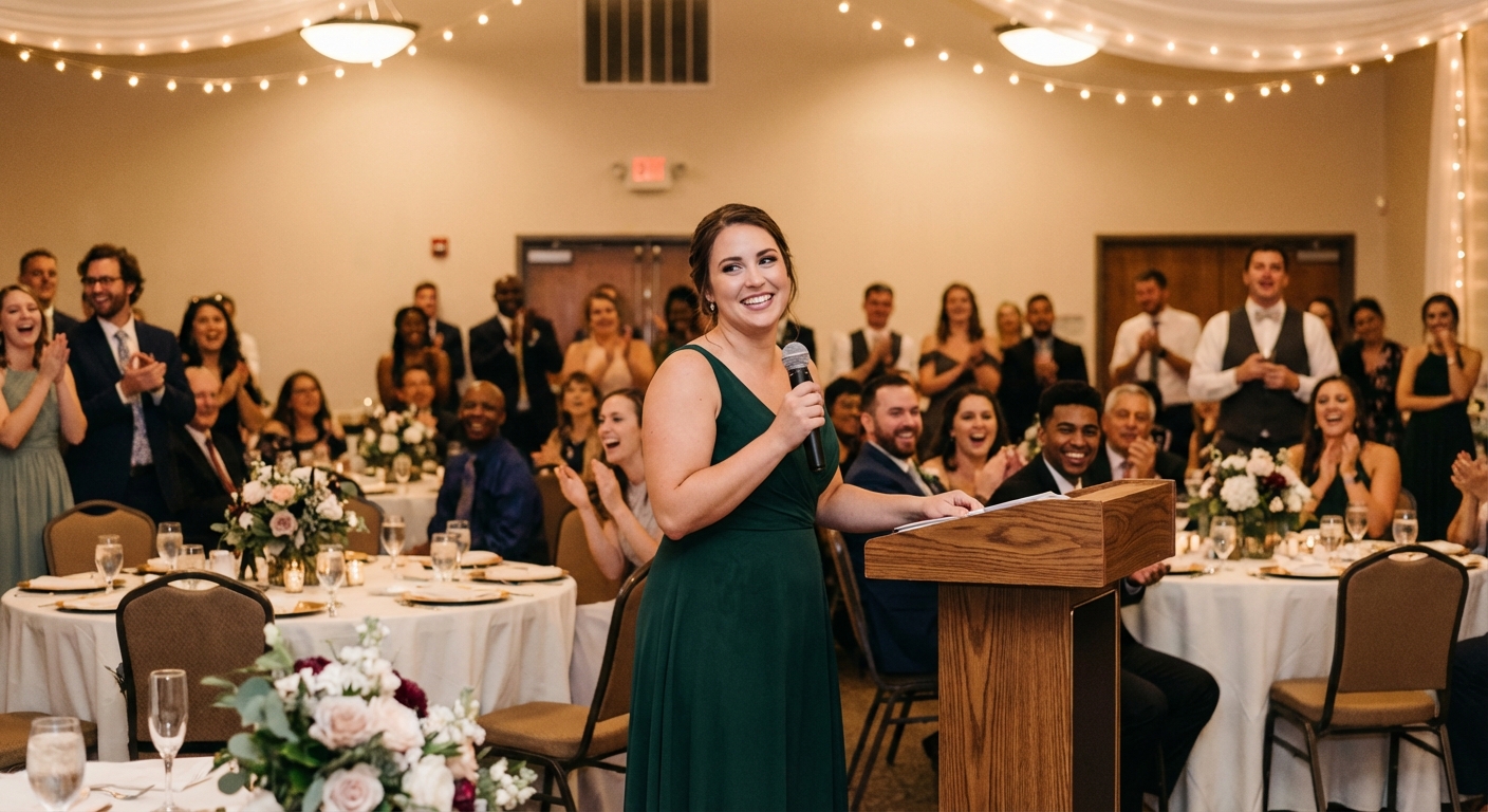 A maid of honor standing at a podium, looking confident and smiling, with a diverse group of wedding guests in the background laughing and looking engaged. The setting is a beautifully decorated wedding reception hall, with soft lighting and floral arrangements. The image should convey warmth, joy, and connection.