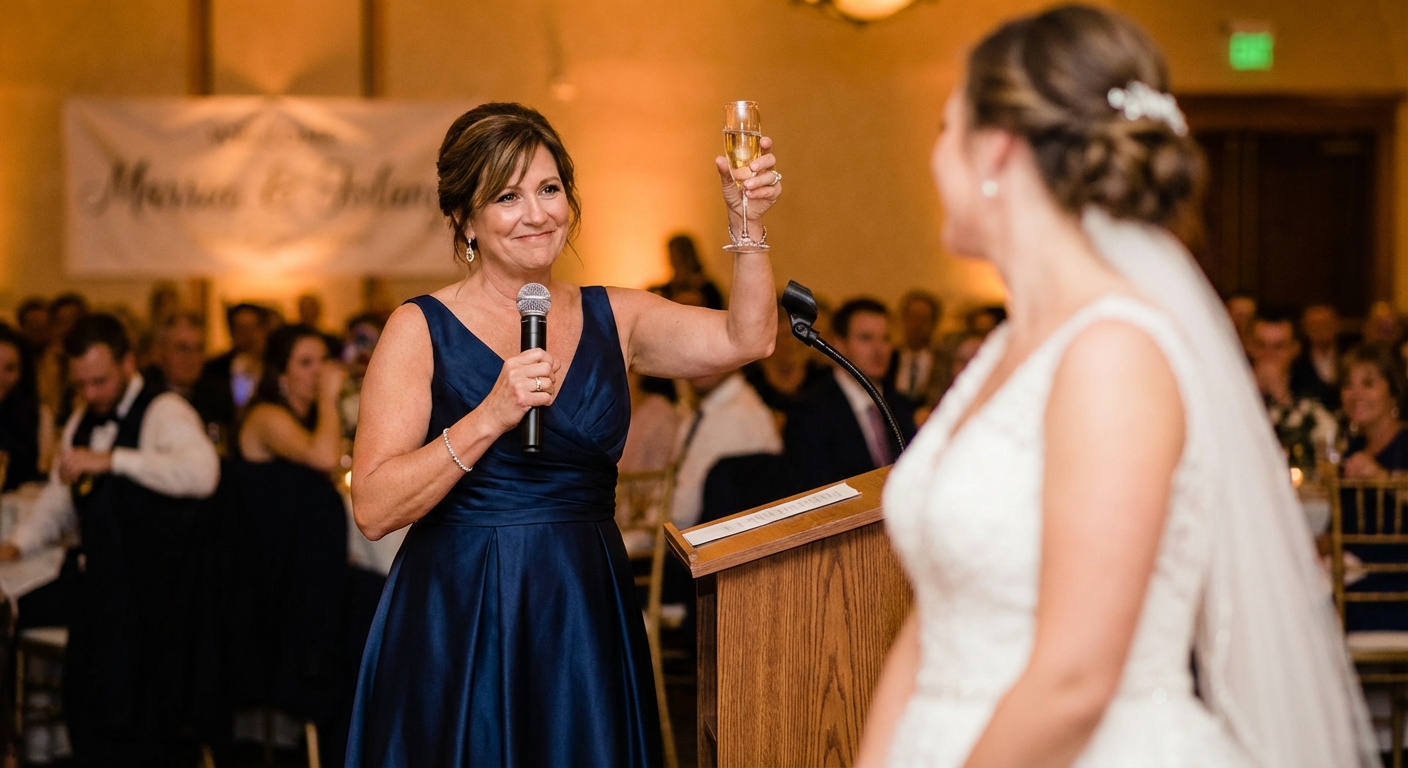A mother of the bride standing confidently at a podium, a glass of champagne in one hand and a microphone in the other, smiling warmly at her daughter.