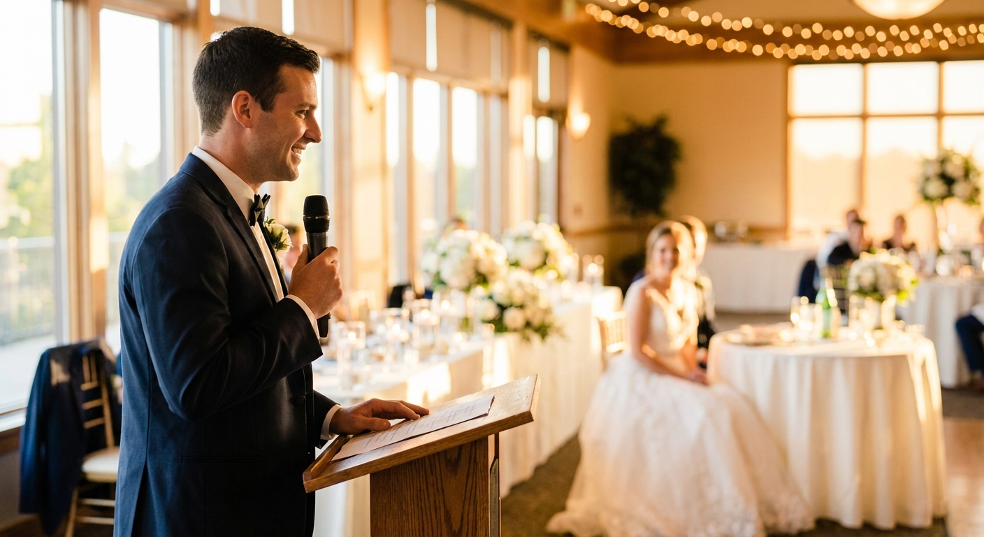 Father of the bride delivering a heartfelt speech at a sunlit wedding reception.