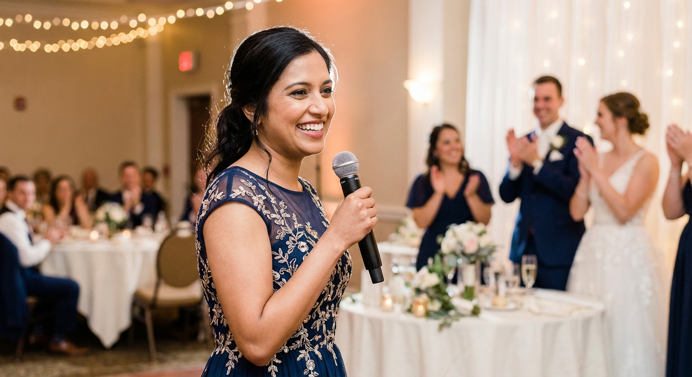 A close-up shot of a Maid of Honor holding a microphone, looking confident and smiling, with a subtle glow around her. In the background, blurred wedding guests are smiling and applauding. The image should convey a sense of accomplishment and joy, highlighting the success of delivering a heartfelt speech.