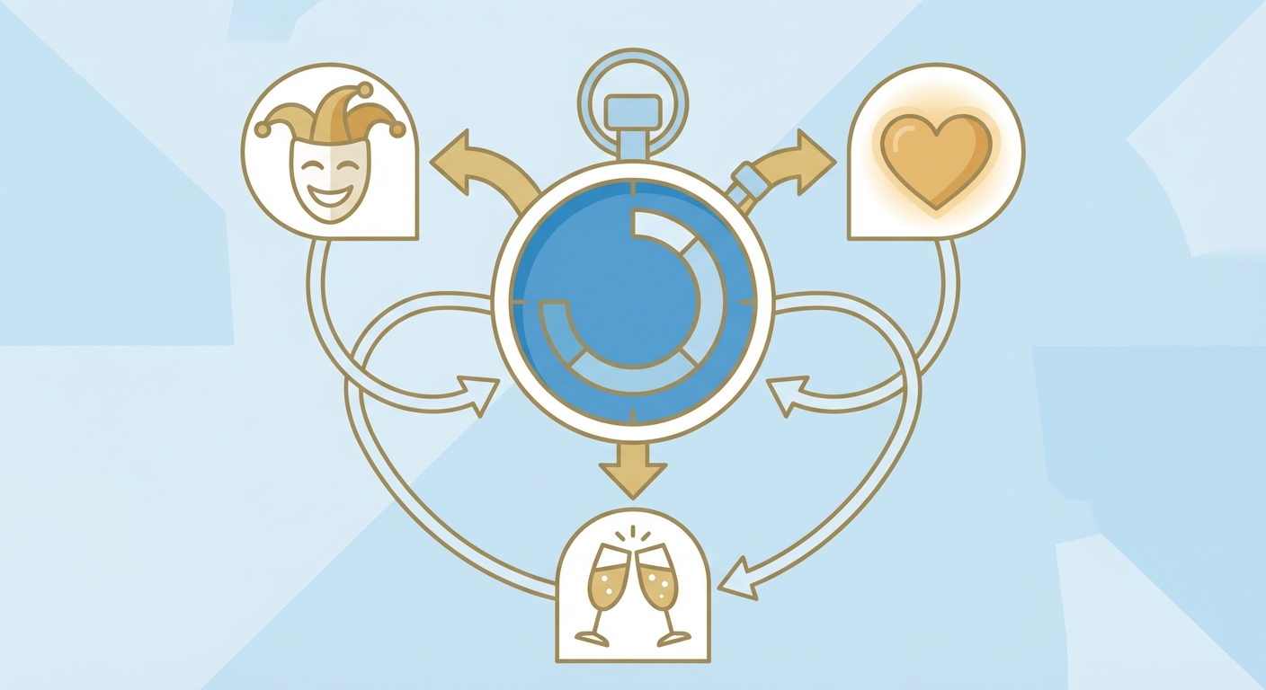 An infographic-style image showing a stopwatch set to 2:00 minutes, surrounded by icons representing 'Humor', 'Heart', and 'Toast'.