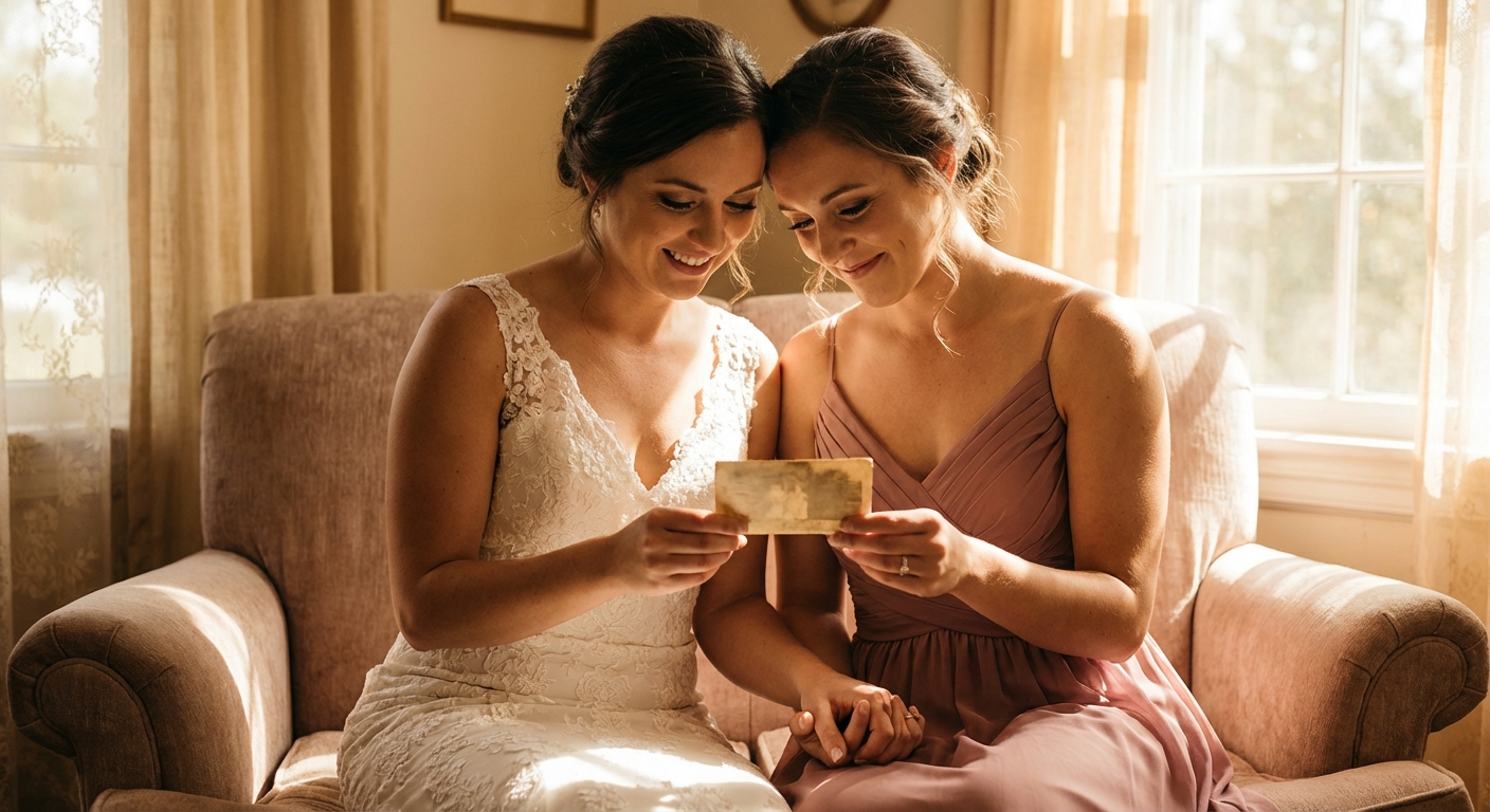 Two sisters sharing a quiet, joyful moment on a wedding morning, looking at an old childhood photo together.