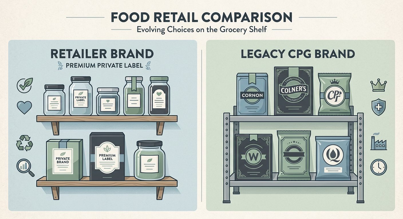 Comparison of retailer brand and legacy CPG brand in premium private label food retail