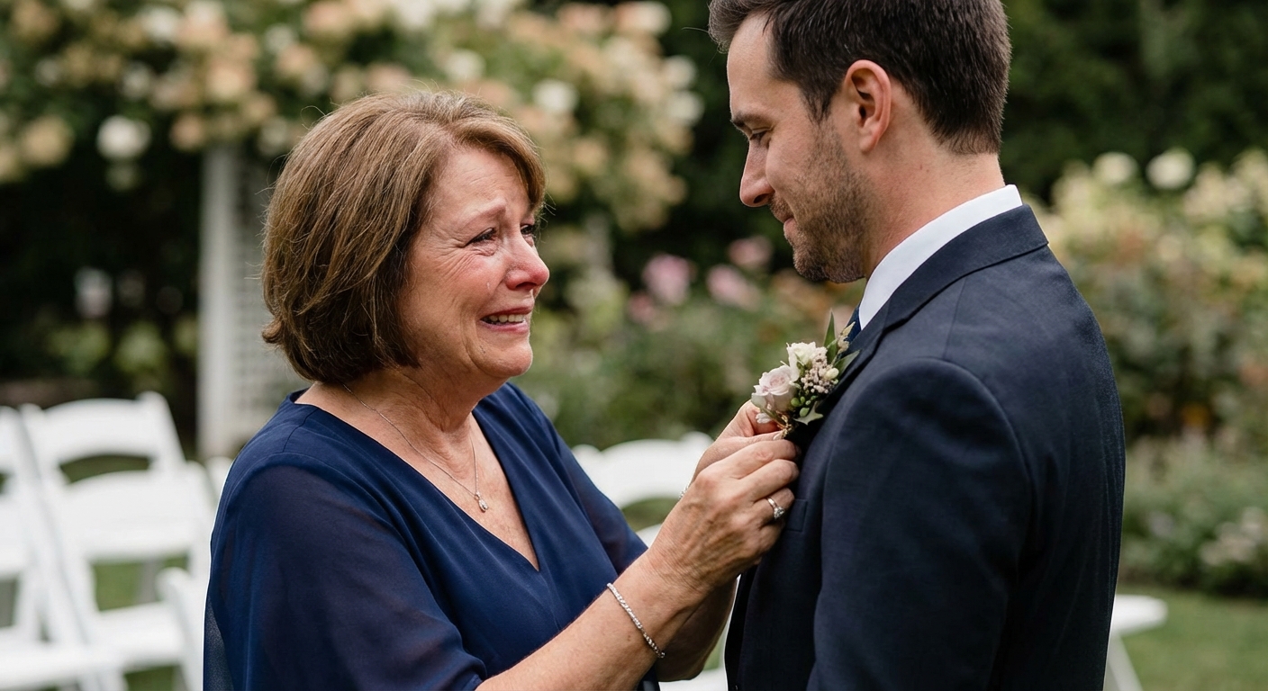 Mother of the groom adjusting son's tie on his wedding day