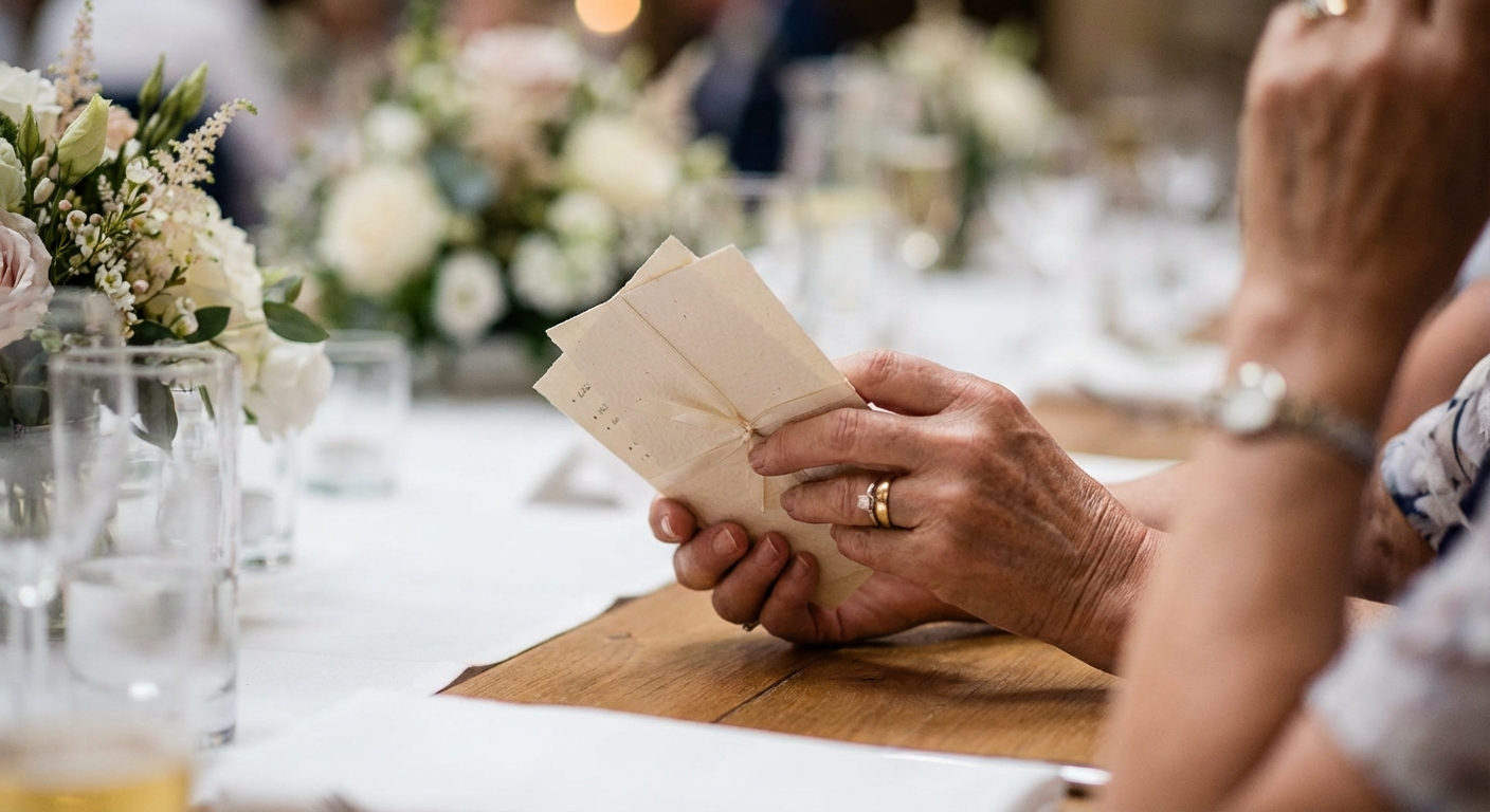 A close-up of a mother's hands holding elegant note cards with bullet points, perhaps with a wedding ring visible, symbolizing preparation and heartfelt delivery. The background is a subtle wedding reception setting.