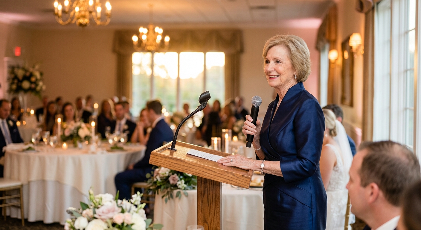 A sophisticated mother of the bride standing at a podium, smiling warmly as she delivers her speech.