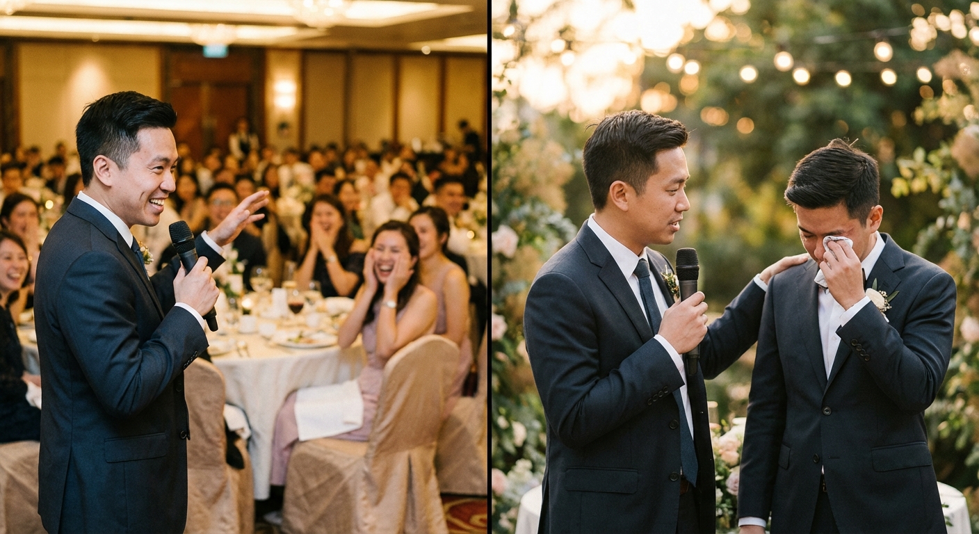 A cinematic split-screen showing a best man telling a funny story and a sentimental moment.