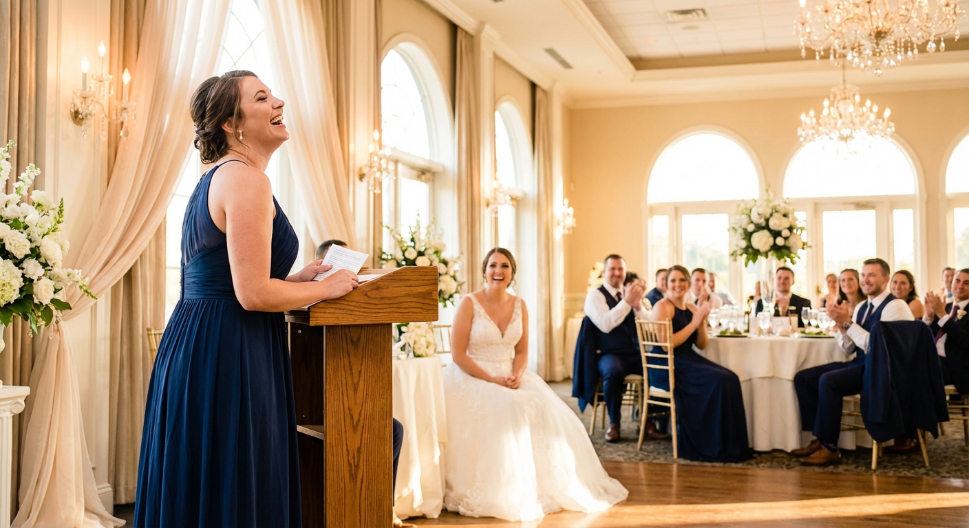 A maid of honor standing at a podium in a sunlit, elegant wedding reception hall, laughing while looking at the bride.